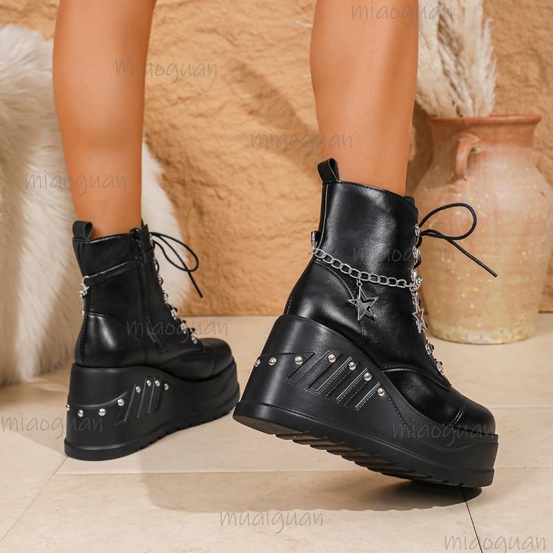 Women's Chunky Heel Platform Black Short Boots Punk Rivet Chain Gothic Ankle Boots Pu Leather Wedges Non-Slip Bootie Size 35-43