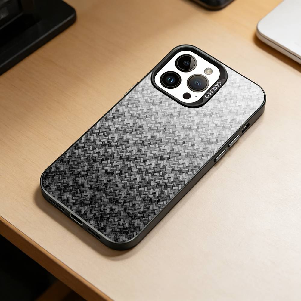 Carbon Fiber Weave Phone Case For iPhone 17,16,15,14,13,12,11 Plus,Pro Max,XS,Colored Silver Plated Inside Cover