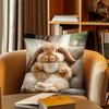 1Pc Coffee Drinking Lop-Eared Bunny Print Throw Pillow Cover,Suitable For Sofa,Bedroom,Living Room,A Healing Gift For Pet Lovers