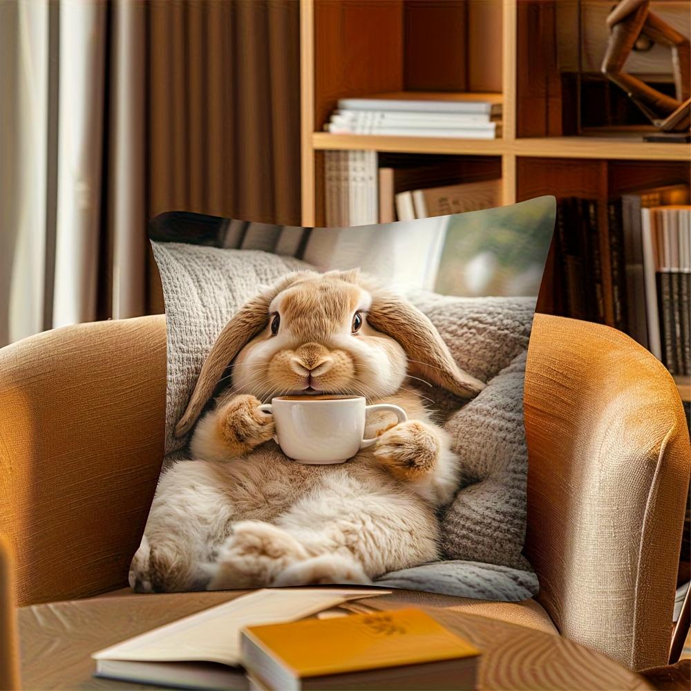 1Pc Coffee Drinking Lop-Eared Bunny Print Throw Pillow Cover,Suitable For Sofa,Bedroom,Living Room,A Healing Gift For Pet Lovers