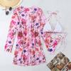 Women's Fashion Printed Mesh Three Piece Beach Cover Up Bikini Sexy Swimsuit