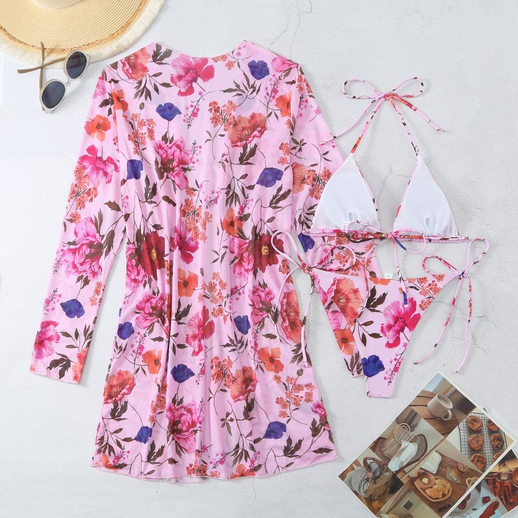 Women's Fashion Printed Mesh Three Piece Beach Cover Up Bikini Sexy Swimsuit
