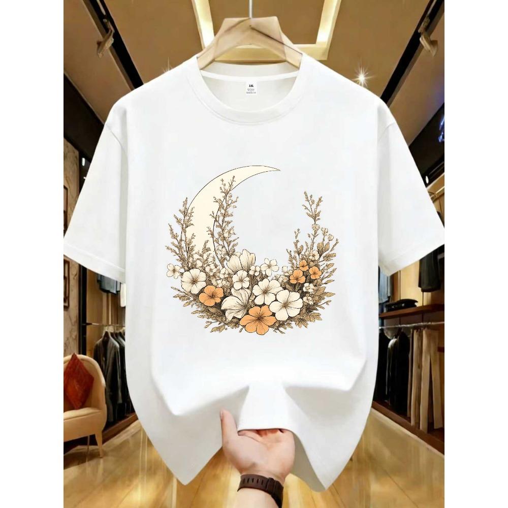 Moon print plus size women s round neck summer casual short sleeved street fashion versatile plus size T-shirt M
