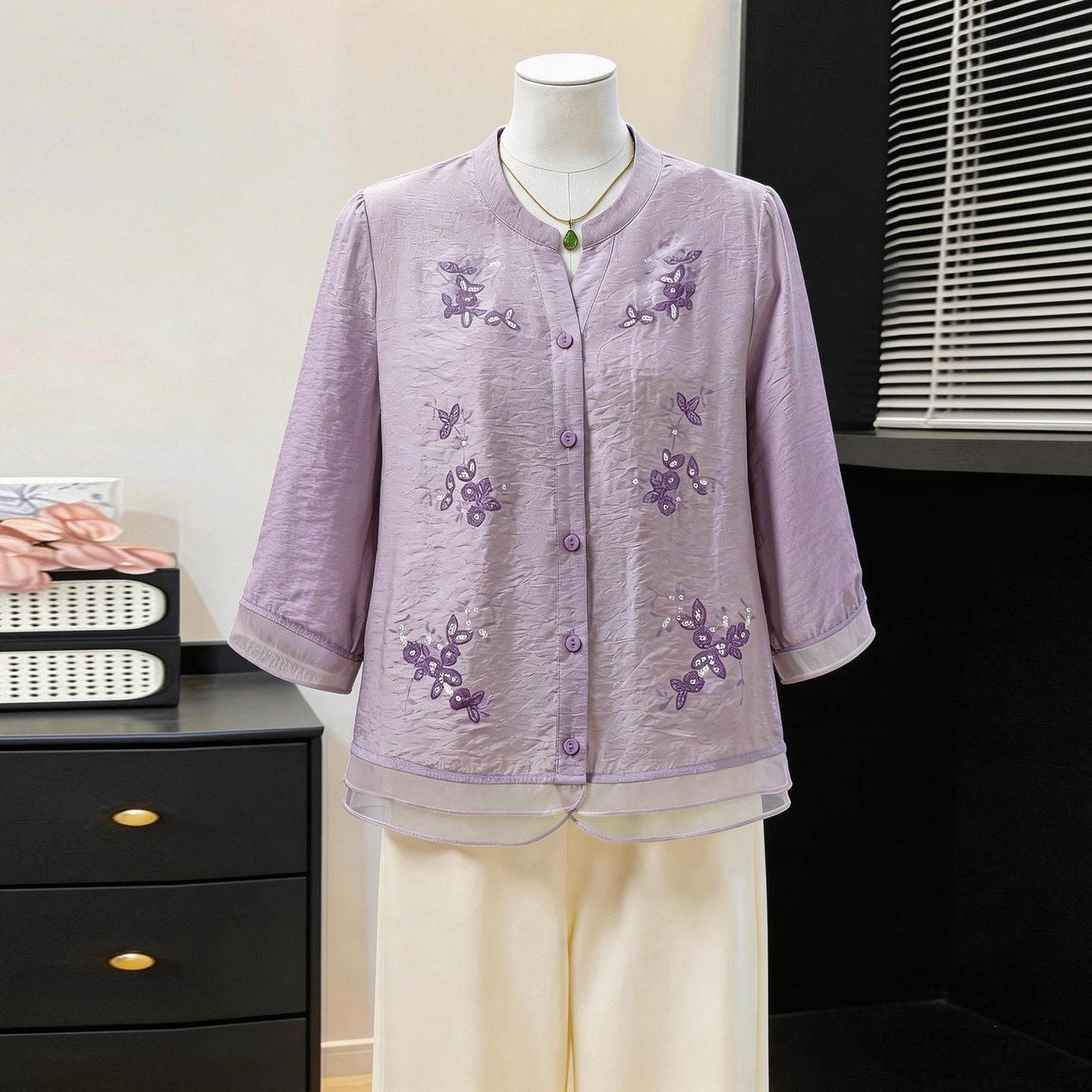 

2026 Summer Chinese Style Women s Two-Piece Set: Seven-Point Sleeve Top for Middle-Aged & Elderly 3XL (130-145 jin)