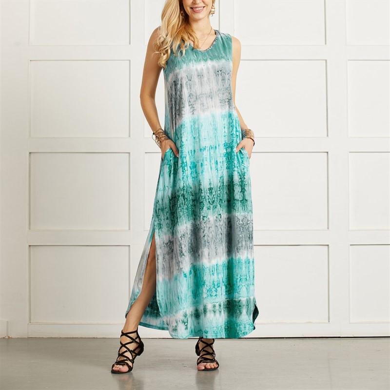 Summer Tie-dye Slit Irregular Hem Sleeveless Casual New Dress