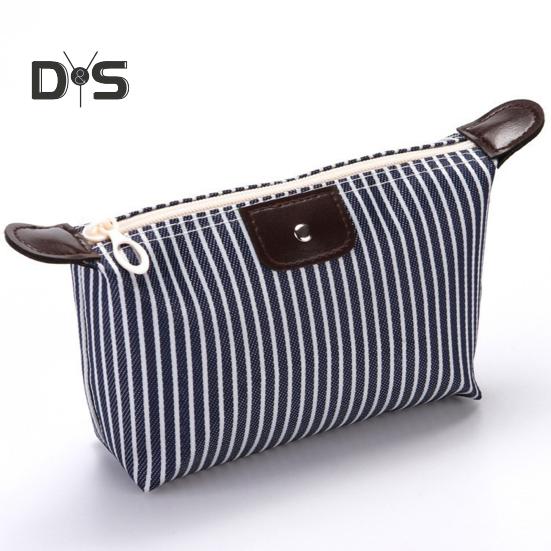 Striped Cosmetic Bag Waterproof Foldable Large Capacity Zipper Closure Dumpling Shape Portable Makeup Organizer for Travel Home Storage