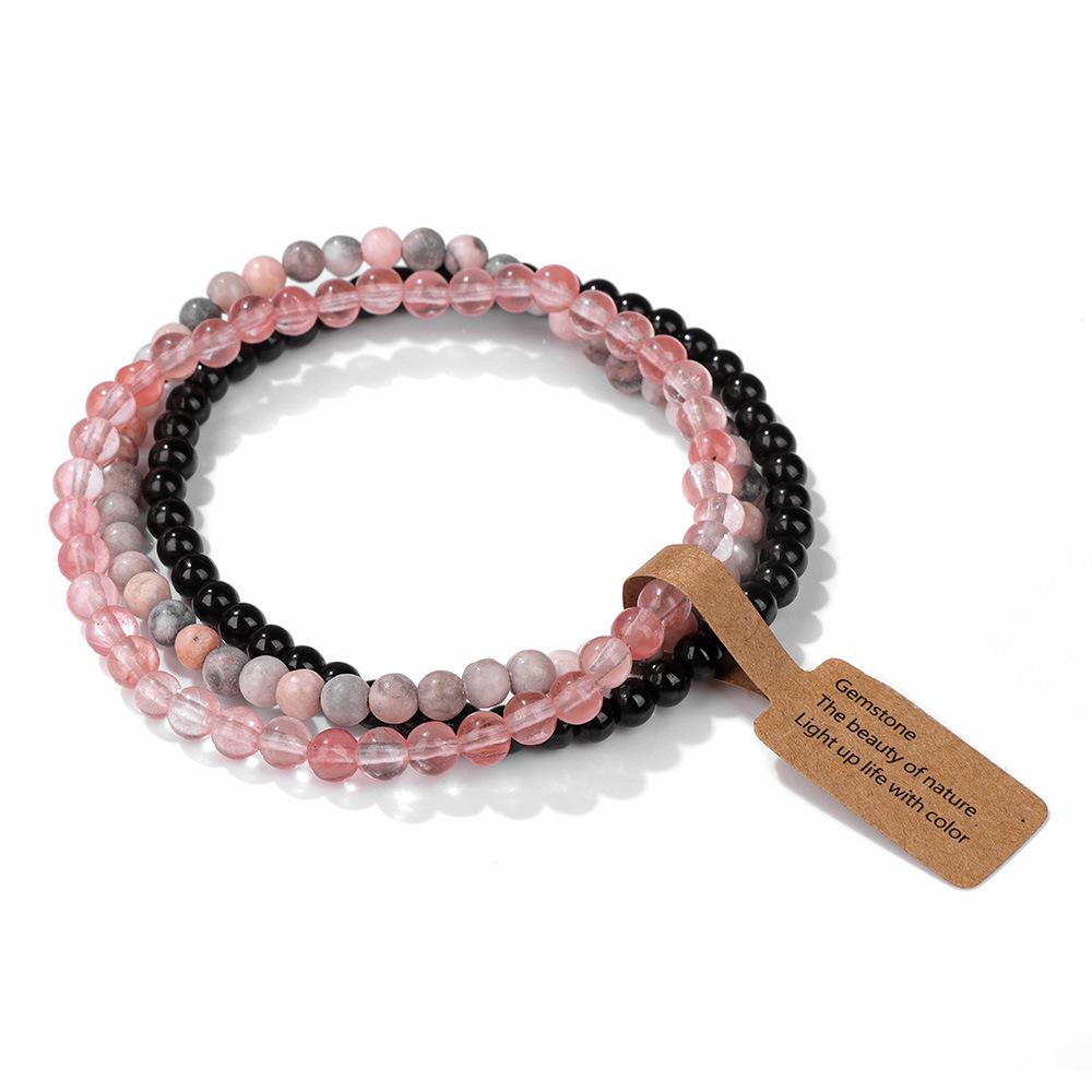 3 Pieces Natural Stone 4mm Beads Elastic Bracelets For Women Men Moss Agates Rose Quartzs Stretch Bracelet Set With Tag Jewelry