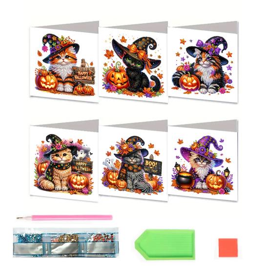 6 Pcs DIY Rhinestone Art Painting Cards Christmas Greeting Card Making Kit with Envelopes 5D Snowman Cat Deer Rhinestone