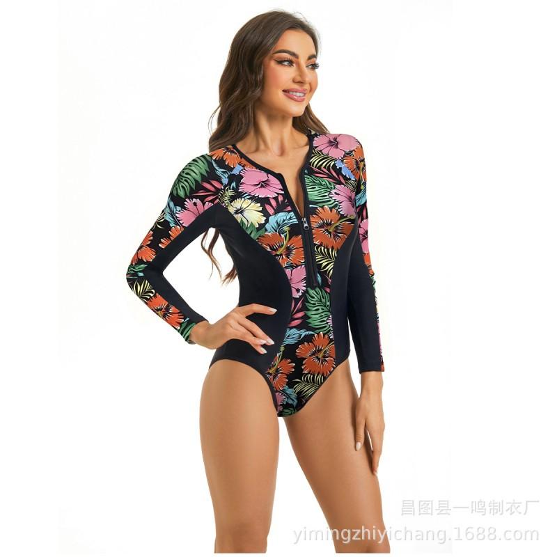 Womens Long Sleeve One-Piece Swimsuit With Printed Sporty Fit Swimming Water Activities