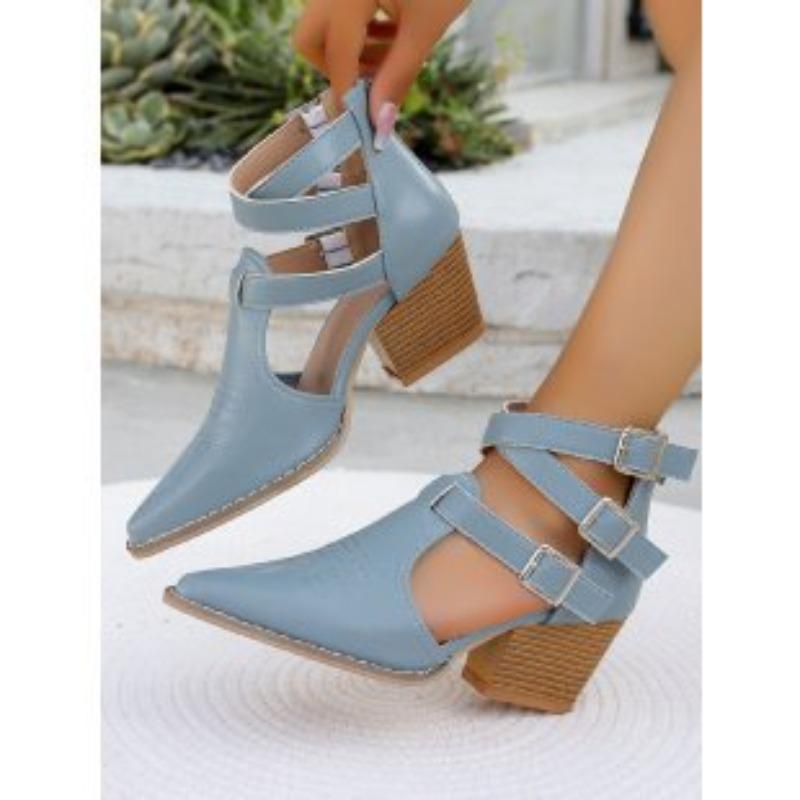 Autumn new retro belt buckle hollow sandals women's casual women's shoes cool boots high heel thick heel pointed head