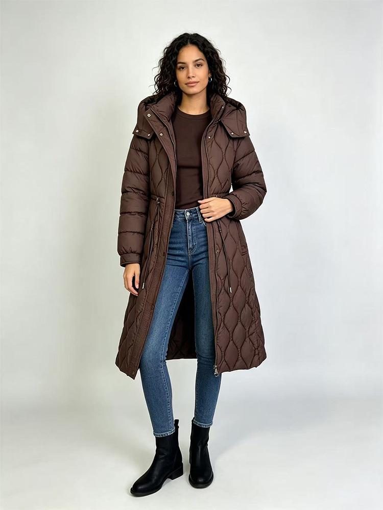 Women's Mid-Length Over-the-Knee Padded Coat, Stand Collar Hooded with Elastic Waist, Slim Fit, Warm Cold-Proof Winter Outerwear
