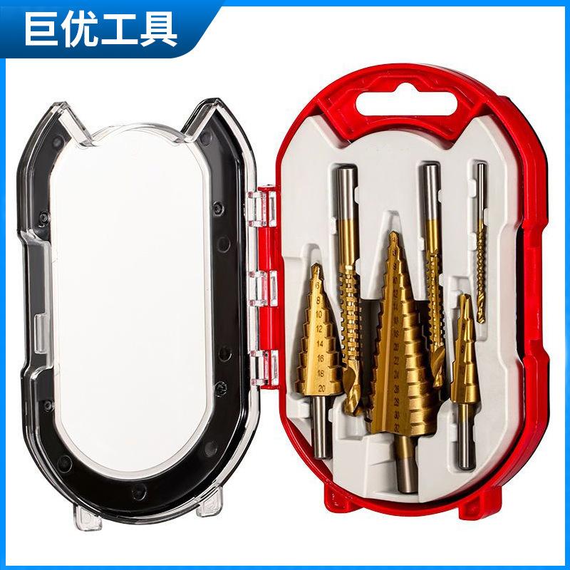 6-Piece Serrated High-Speed Steel Pagoda Drill Bit Set In Plastic Box – Ideal for Hole Opening, Expansion, and Step Drilling.