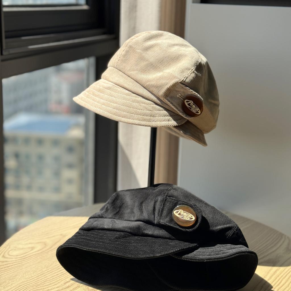 New Korean Purchasing Dongdaemun Corduroy Double Layer Corduroy Fisherman Hat Woolen Big Head Circumference Showing Face Small Basin Hat