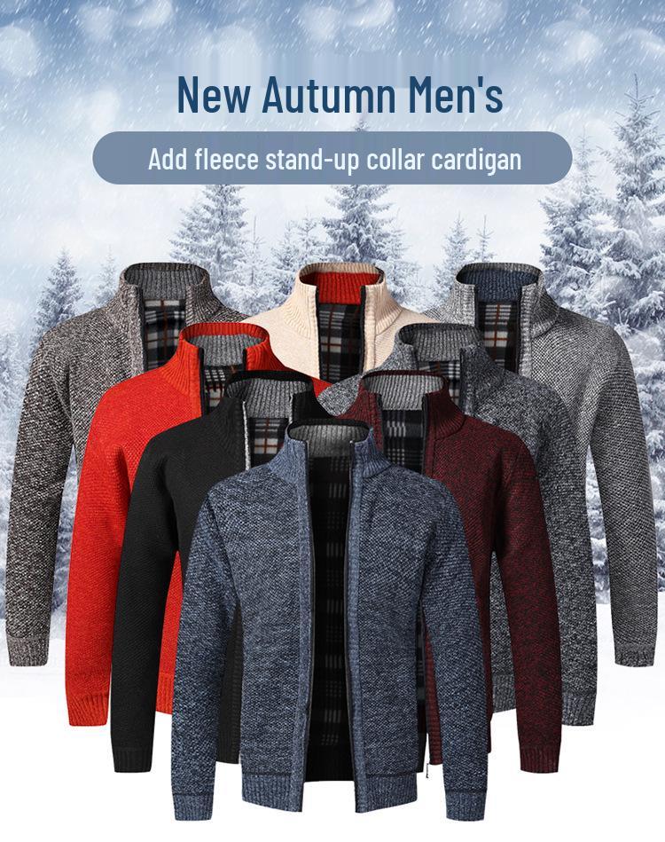 Chunky Knit Fleece-Lined Zipper Cardigan: Stand Collar Winter Sweater