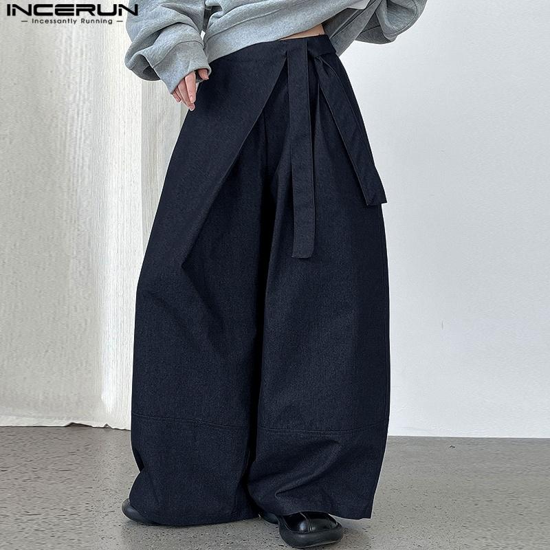 INCERUN Pánské ležérní šněrovací kalhoty s dlouhými širokými nohavicemi a obmotáváním v pase