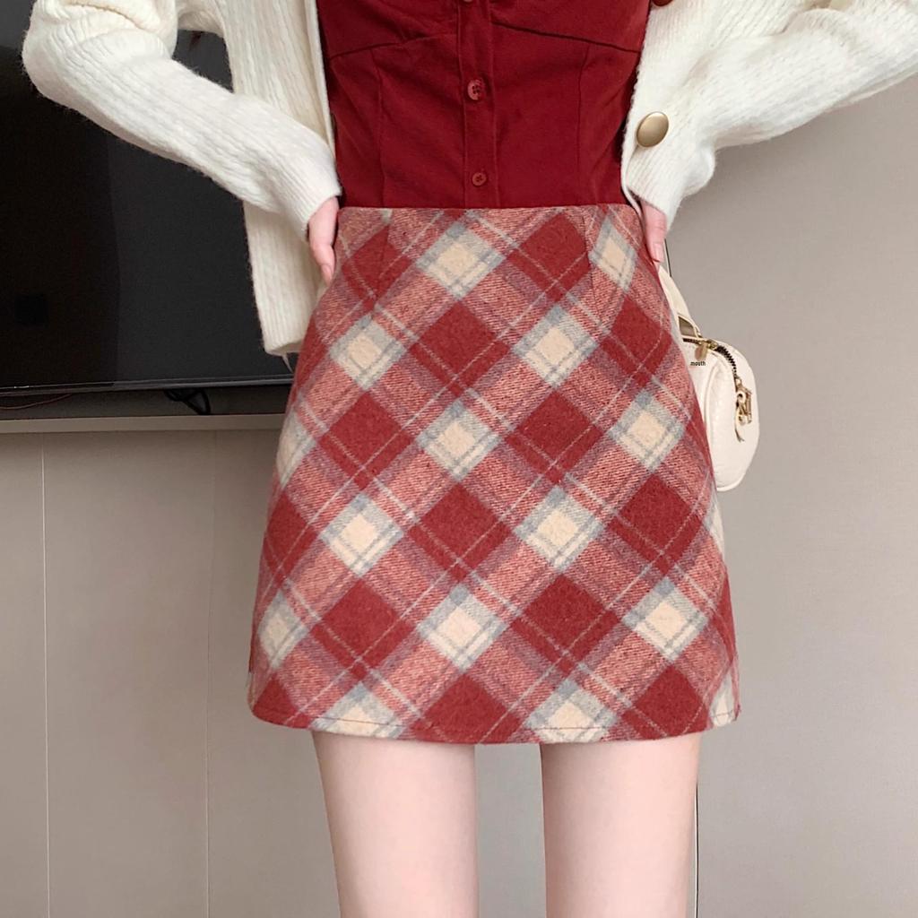 Women's High Waist Red Wool Plaid Skirt, 2025 A-line Slim Fit for Autumn/Winter