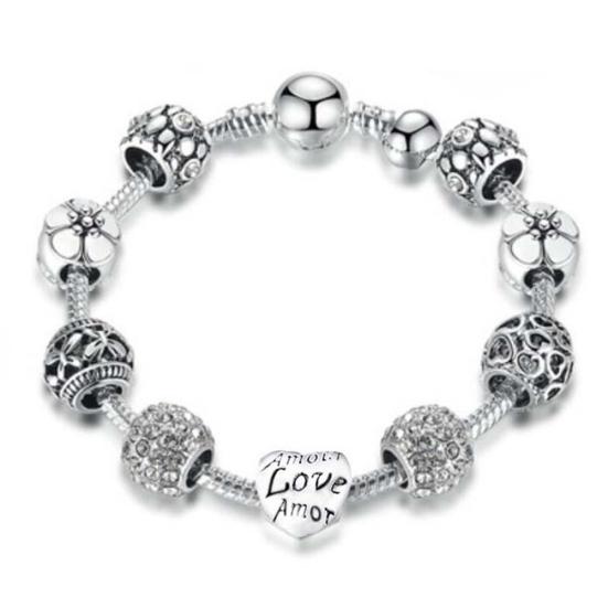 Love Flower Rhinestone Beads Charm Cuff Bangle Bracelet Women Wedding Jewelry