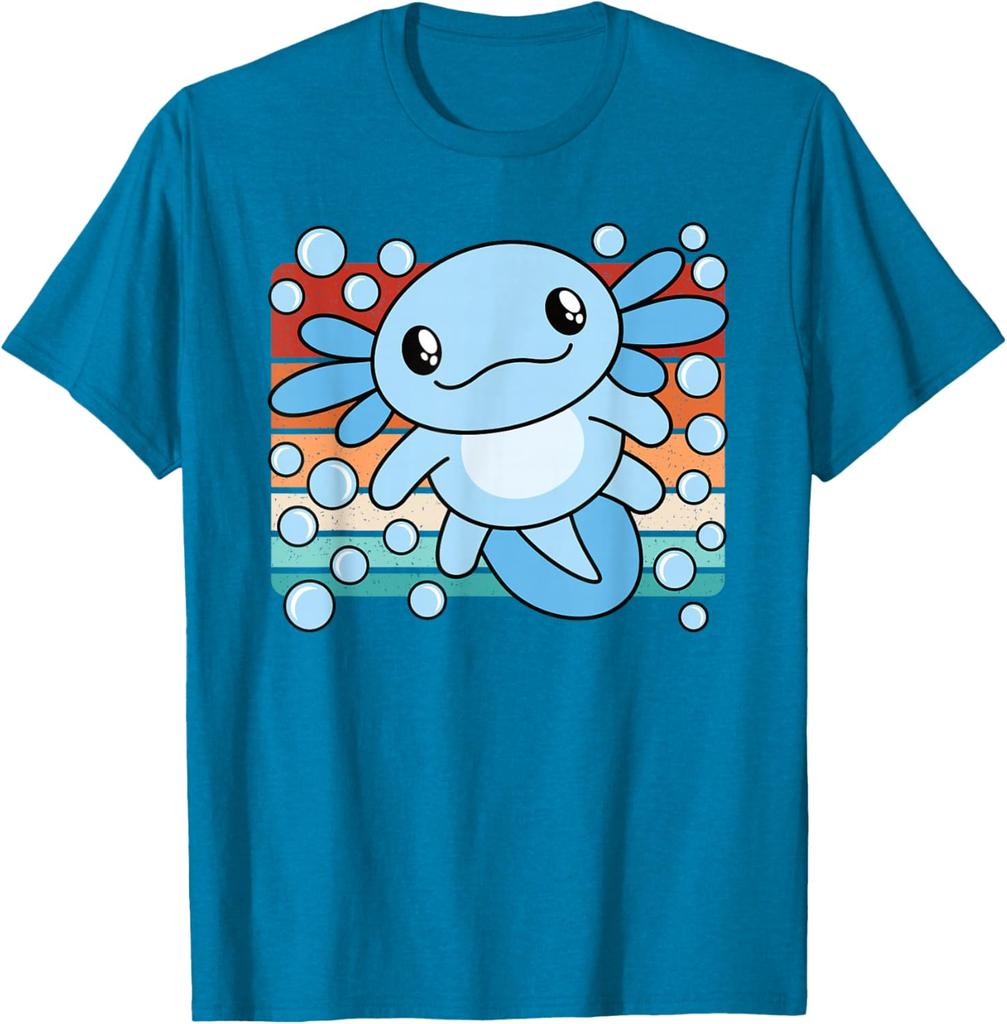 Niedlicher Axolotl Salamander Retro Sonnenuntergang Grafik T-Shirt Weiche Baumwolle Lässiges T-Shirt für Kinder