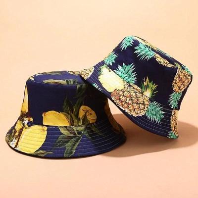 Fashion Summer Double-sided Wear Pineapple Fisherman Hat Unisex Fruit Print Fisherman Cap Leisure Packable Reversible Sun Hats