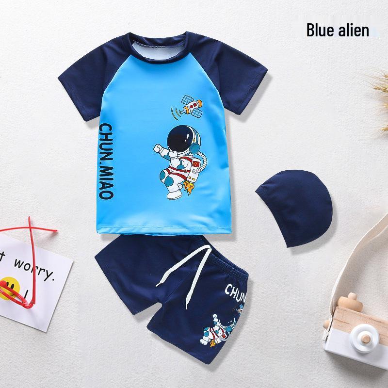 Cartoon Boys' Toddler Sun Protection Quick-Dry Swimsuit Set with Swim Cap