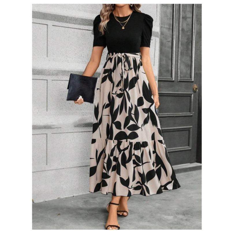 

women s Puff Short Sleeve Crew Neck Leaf Print Maxi Dress Belted Waist Ruffle Hem Vacation Long Sundress S чёрный