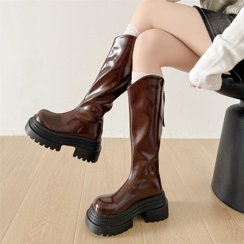 Black Small Skinny Thick Heel Platform Boots Women's Boots 2025 New Autumn British Knight Boots