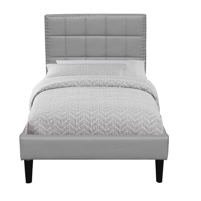 Lit Riley Gris pour Matelas 90x200 - Sommier Tte de Lit Capitonne Pieds en 16 cm - Solide en placage MDF