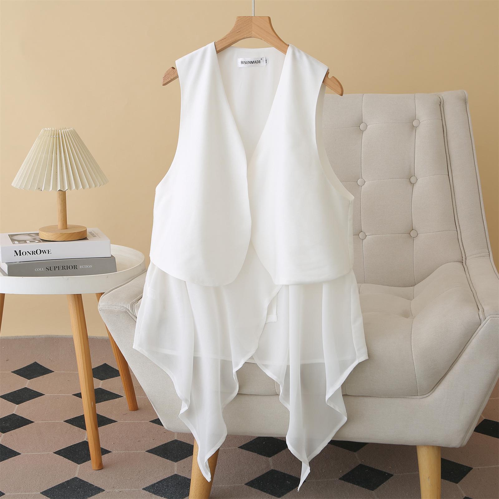2026 Plus Size Chiffon Patchwork Vest - Women s Mid-Length Sleeveless Cardigan 8838 2XL