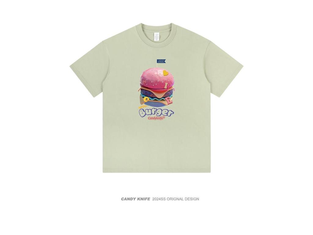 Retro Hamburger Print Short Sleeve T-Shirt for Couples - Trendy, Loose Fit for Men & Women