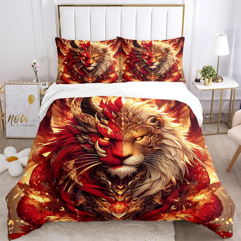 3pcs Golden Lion of Fire Bedding Set, Including 1 Quilt Cover and 2 Pillow Shams, Without Filling,
