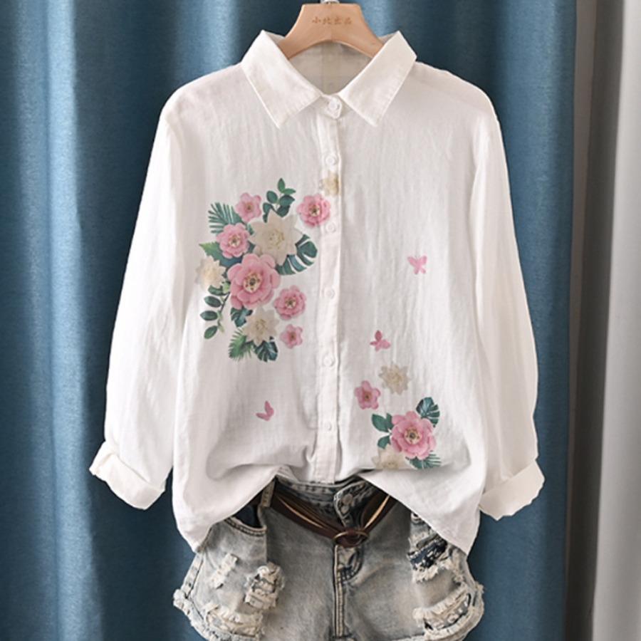 

Весна Осень Белый Верх Двухслойные Хлопчатобумажные Рубашки Женские Воротник-лацкан Длинный Рукав Напечатанные Блузки One Size