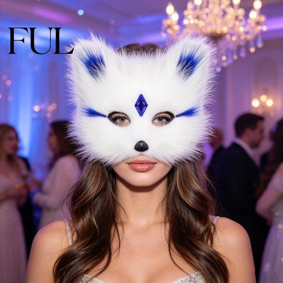 Adjustable Strap Fox Mask Halloween Half Face Mask, Plush Animal Masquerade with Women Girls Cosplay Masks Rhinestone Gems, Party Prop for Ball Props