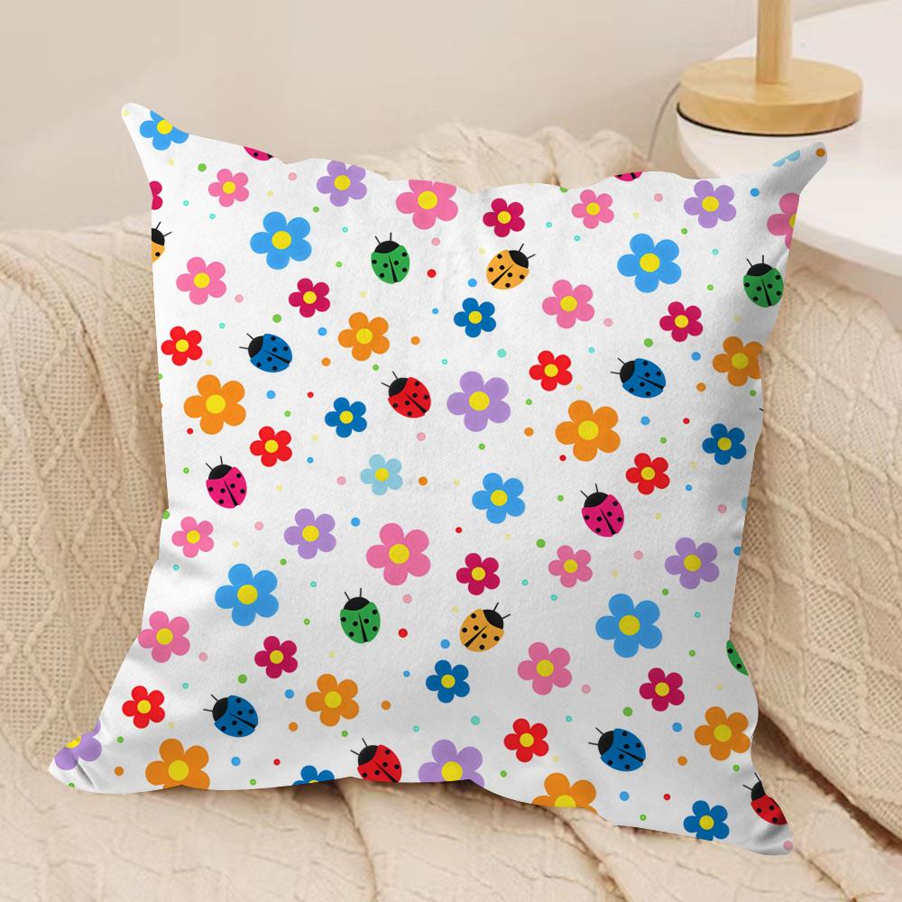 Cute Ladybug Wildflower Pattern Cushion Cover Silky Short Plush Invisible Zipper Dustproof Sofa Pillow Case for Home Decor