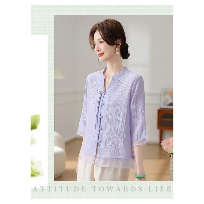 Women's Chinese Style Embroidered Blouse Stand Collar Frog Button Half Sleeve Sheer Chiffon Top for Daily