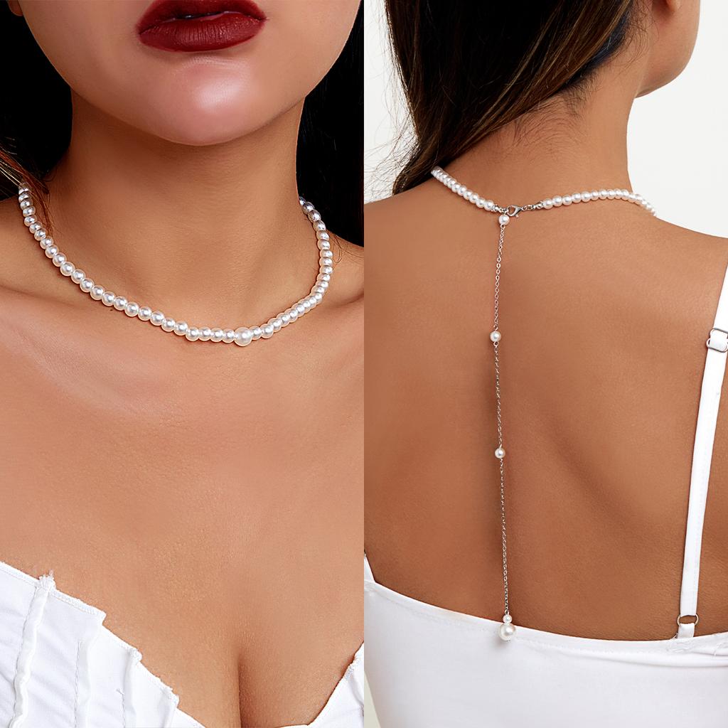 IngeSight.Z Simple Oval Imitation Pearl Chain Tassel Back Body Chain Women Wedding Boho Beads Pendant Necklace 2026 Summer