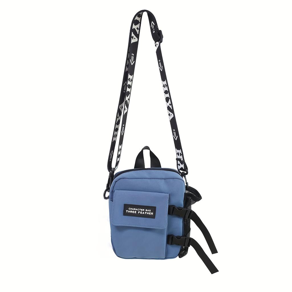 Functional Letter Patch Decor Crossbody Bag, Nylon One Shoulder Portable Mobile Phone Bag, Unisex Square Bag
