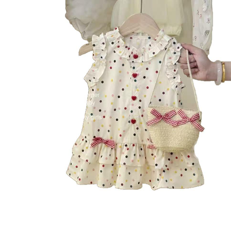 Flickas sommar koreansk prinsessa prickig spetsklänning