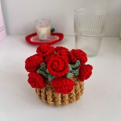 Crochet Flowers Coaster Handmade Rose Coaster Potted Flowers Decorative Rose Bouquet Coaster with Basket Gift for Family Friends Flower Lovers