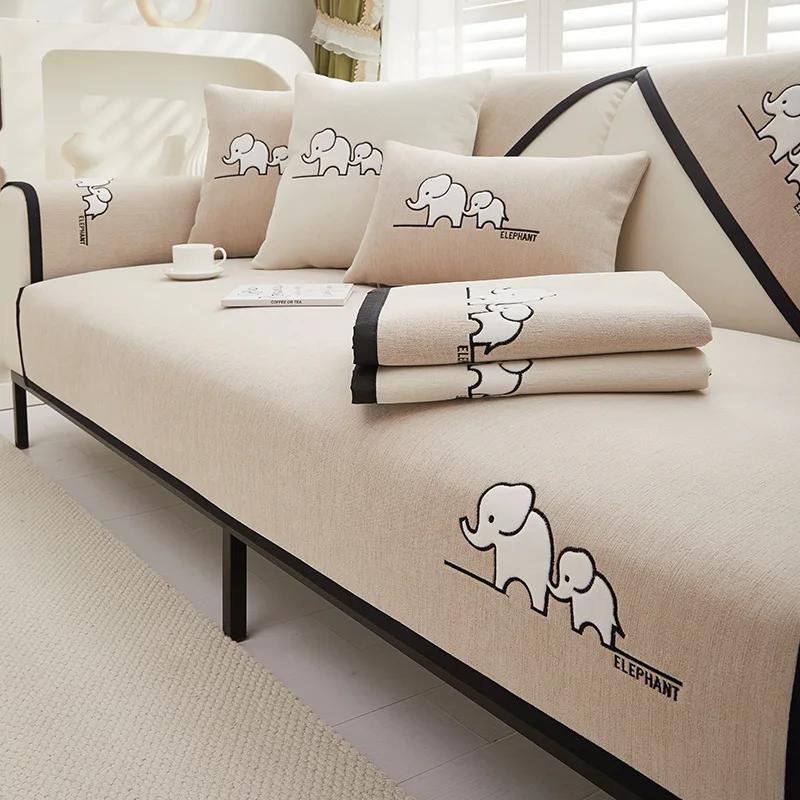 Chenille Four Seasons Universal Sofa Cushion Anti Slip Cartoon Panda Embroidered Sofa Cover Solid Color Couch Mat Backrest Towel