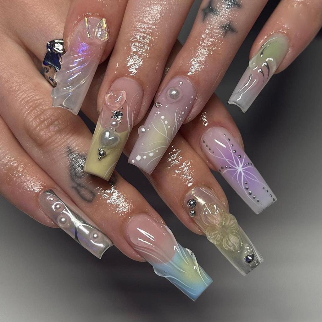 24PCS Glossy Blue Blush Long Square False Nail with Glue Sweet Cool Simple Star Patterns French Fake Nails Tip Wearable Press On