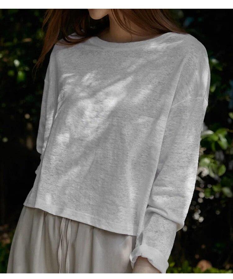 Johnature Spring Summer Long Sleeve T-Shirt Women Slouchy Cropped Underneath Simple Crewneck Thin Casual Tops