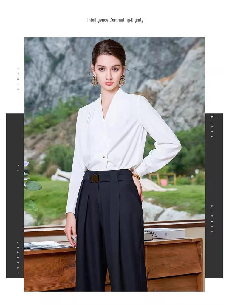 Stylish Long-Sleeve French White Top with Wide-Leg Pants Two-Piece Set for Women