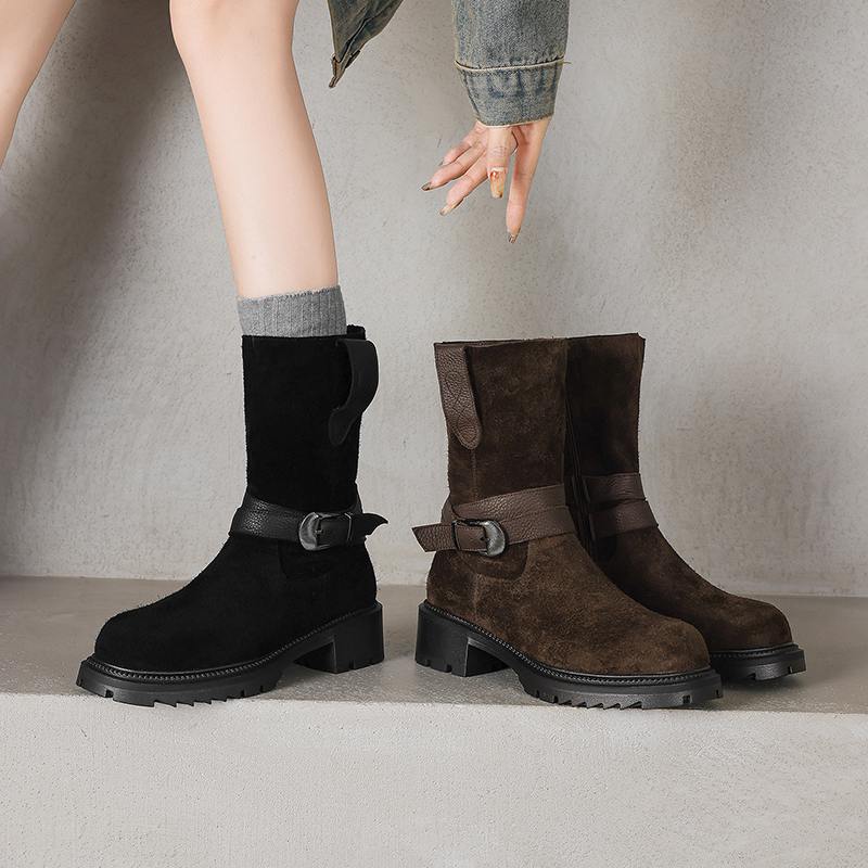 Krazing Pot Fashion Cow Suede Nubuck Winter Round Toe Modern Boots Med Heels Zipper Metal Buckle Mid-calf Boots
