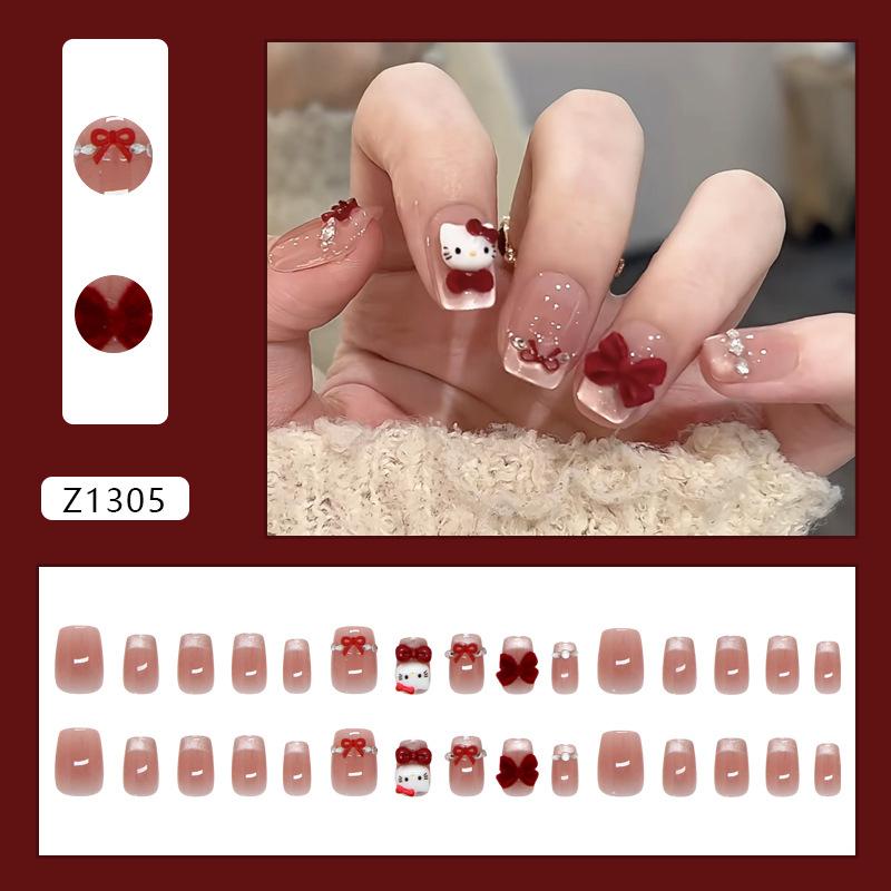 Velvet Cartoon Bow Cat Eye Short Nails Sparkly Sweet French For Ladies Z1305 Box T385 Strip Non Special Cosmetics