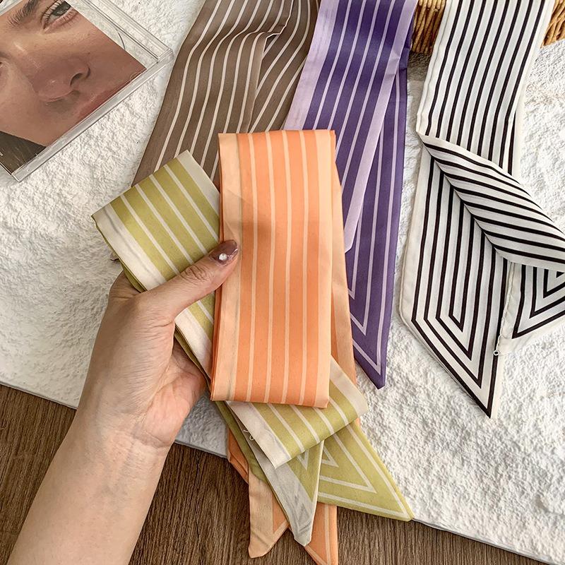 Stylish and simple striped silk scarf temperament versatile long scarf hair tie bag decoration multi-functional small streamer
