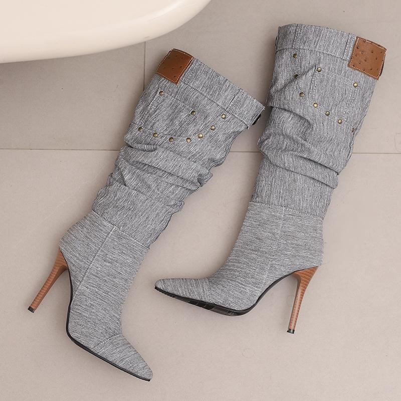 Women's High-heeled Boots Sexy European and American Style Pointed-toed Thin-heeled Large-size Cowboy Mid-boots