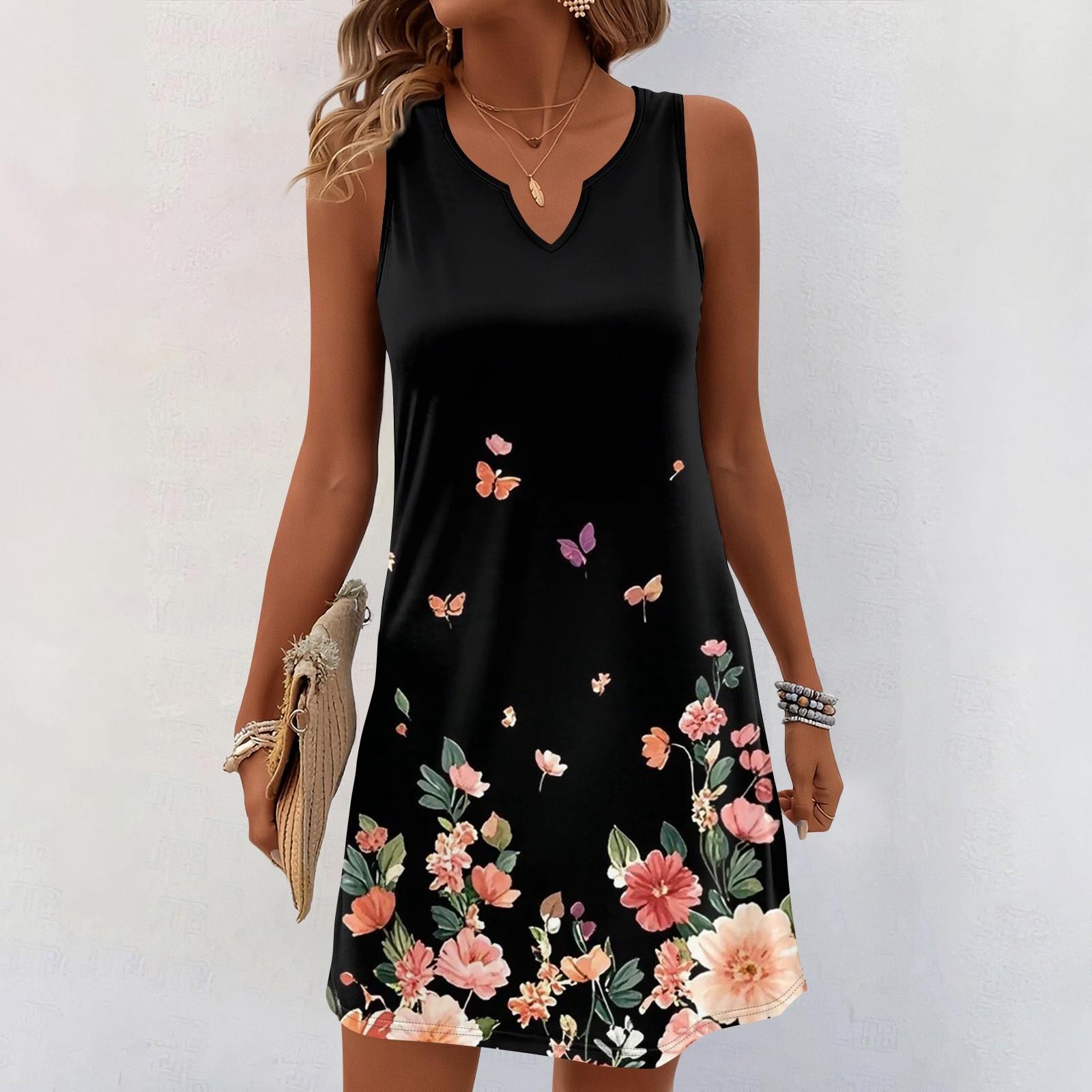 

Женские летние платья с V-образным вырезом и принтом без рукавов Сарафан Повседневное платье XXXL