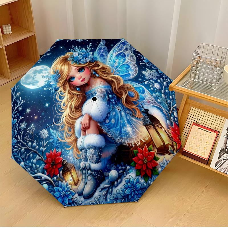 

Rainbow Fairy in Winter Printed umbrella windproof folding umbrella portable sun and rain umbrella suitable for gifting