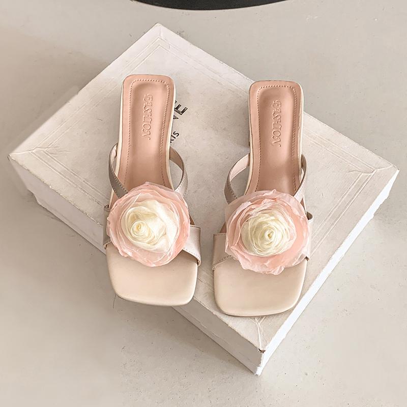 

Модные женские босоножки на высоком каблуке с цветком, с квадратным носком, дизайнерская обувь, женские элегантные летние туфли-лодочки, тренд, с открытым носком, повседневные сандалии 35 бежевый