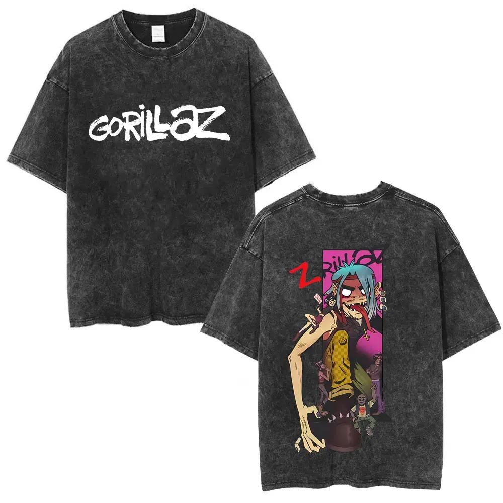 British Classic Virtual Band Gorillaz Poster Tshirt Men Women Streetwear Hip Hop Vintage Washed Cotton Top Oversized Summer Tee